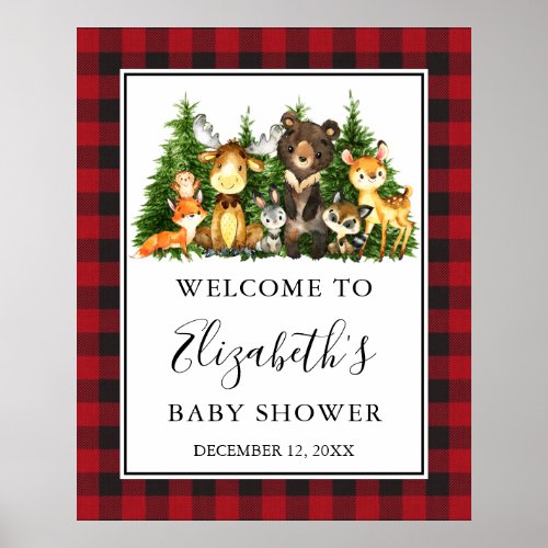 Watercolor Woodland Animals Baby Shower Plaid Poster