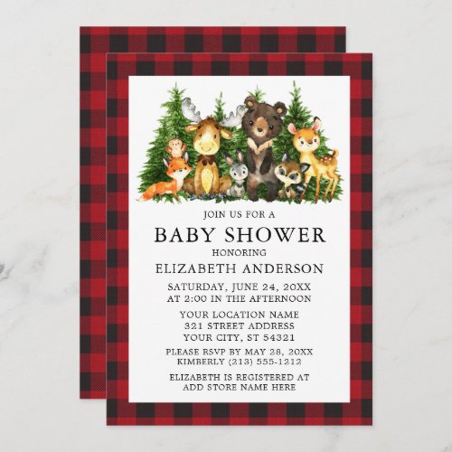 Watercolor Woodland Animals Baby Shower Red Plaid Invitation