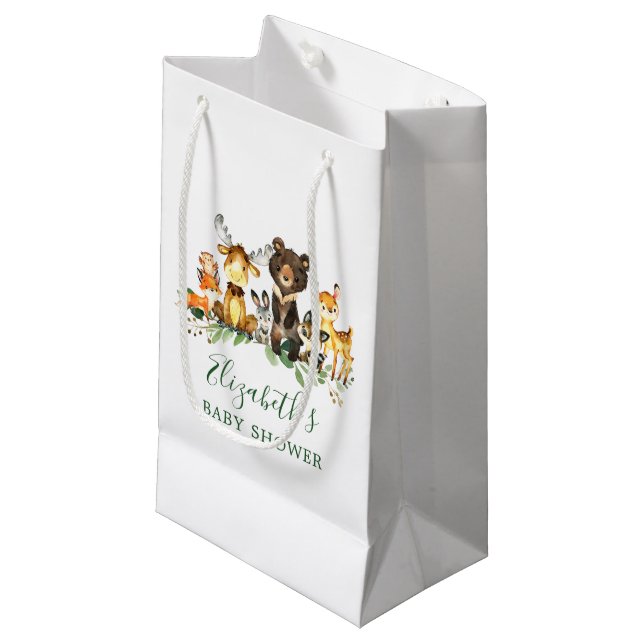 Watercolor Woodland Animals Baby Shower Small Gift Bag (Front Angled)