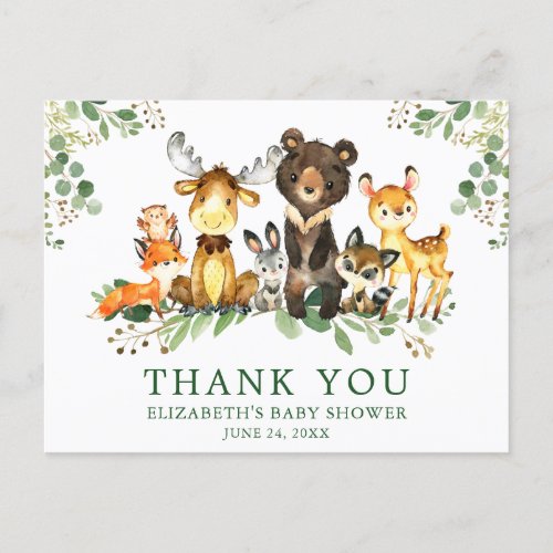 Watercolor Woodland Animals Baby Shower Thank You Postcard
