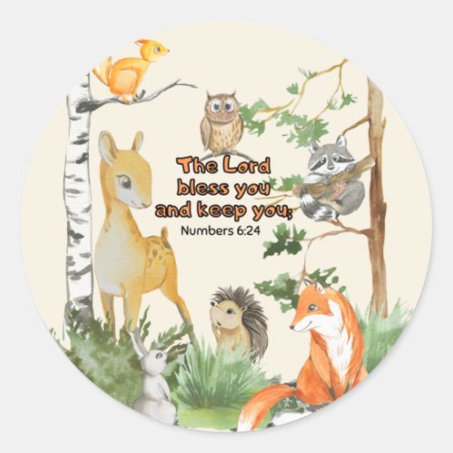 Watercolor Woodland Animals Blessings Scripture Classic Round Sticker