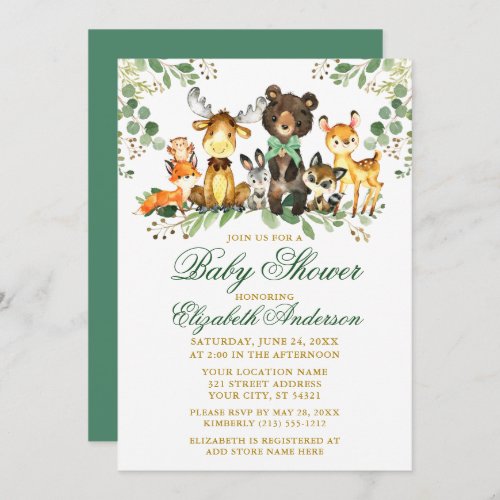 Watercolor Woodland Animals Bow Baby Shower Gold Invitation