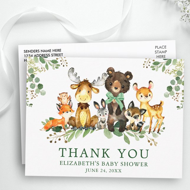 Watercolor Woodland Animals Bow Baby Shower  Postcard (Customize to change text size, color or text style.)