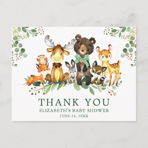 Watercolor Woodland Animals Bow Baby Shower  Postcard