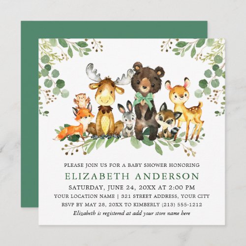 Watercolor Woodland Animals Bow Baby Shower Square Invitation