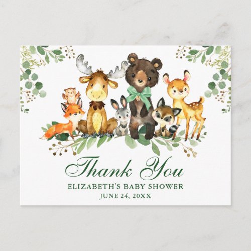 Watercolor Woodland Animals Bow Thank You Shower Postcard