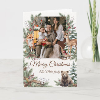 Watercolor Woodland Animals Custom Photo Christmas Card