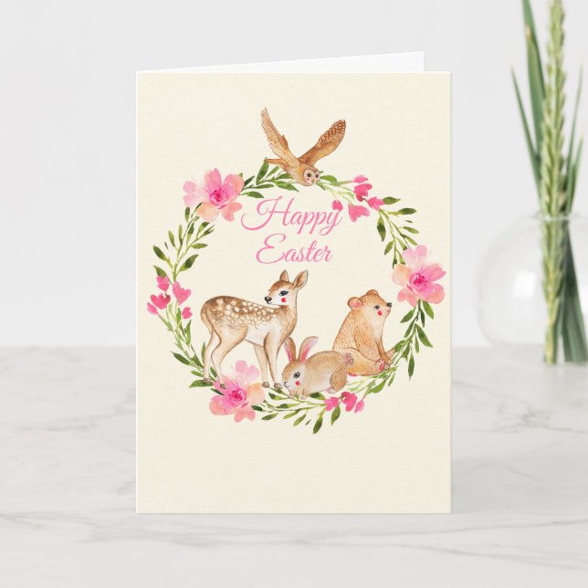 Watercolor Woodland Animals Easter Holiday Card (Front)