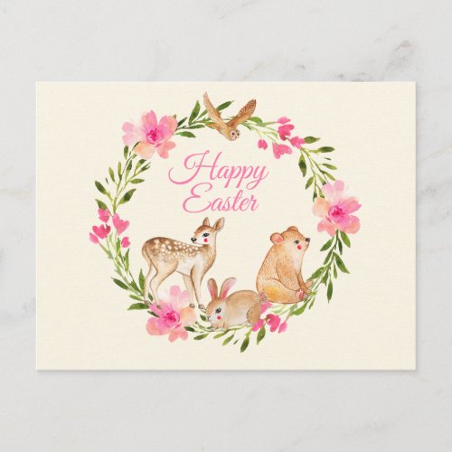 Watercolor Woodland Animals Easter Holiday Postcard
