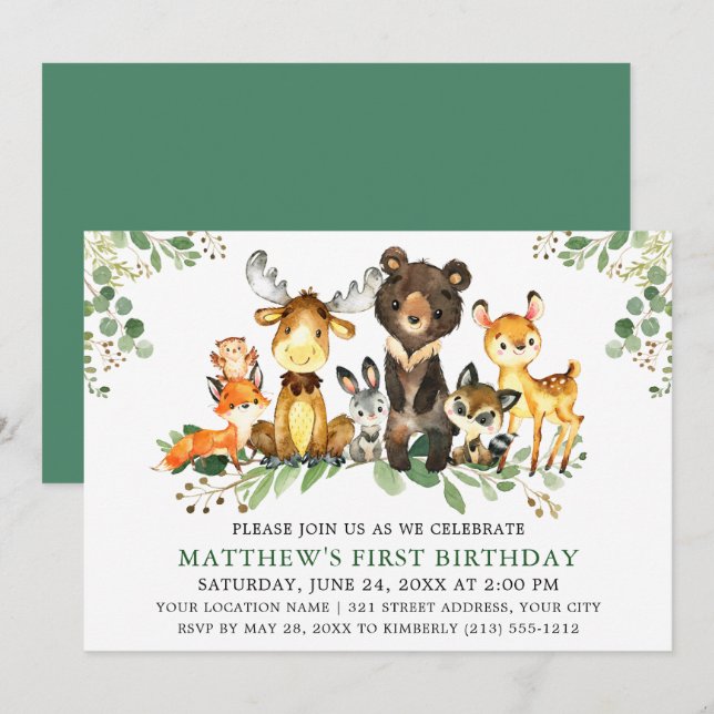 Watercolor Woodland Animals First Birthday Green Invitation (Front/Back)