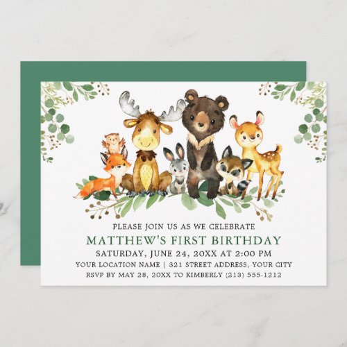 Watercolor Woodland Animals First Birthday Green Invitation