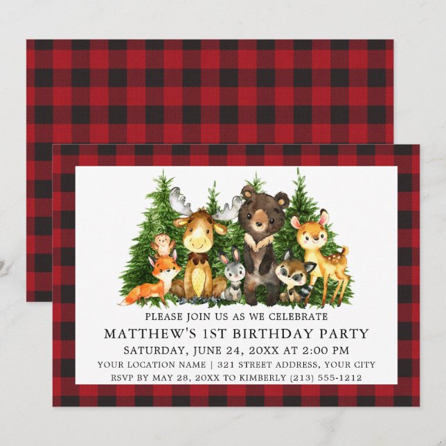 Watercolor Woodland Animals First Birthday Plaid Invitation (Front/Back)