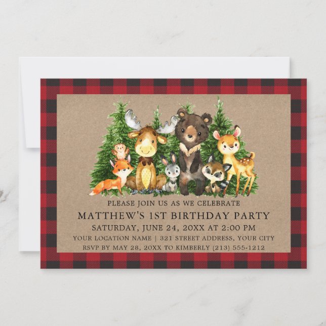 Watercolor Woodland Animals First Birthday Rustic Invitation (Front)
