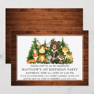 Watercolor Woodland Animals First Birthday Wood Invitation