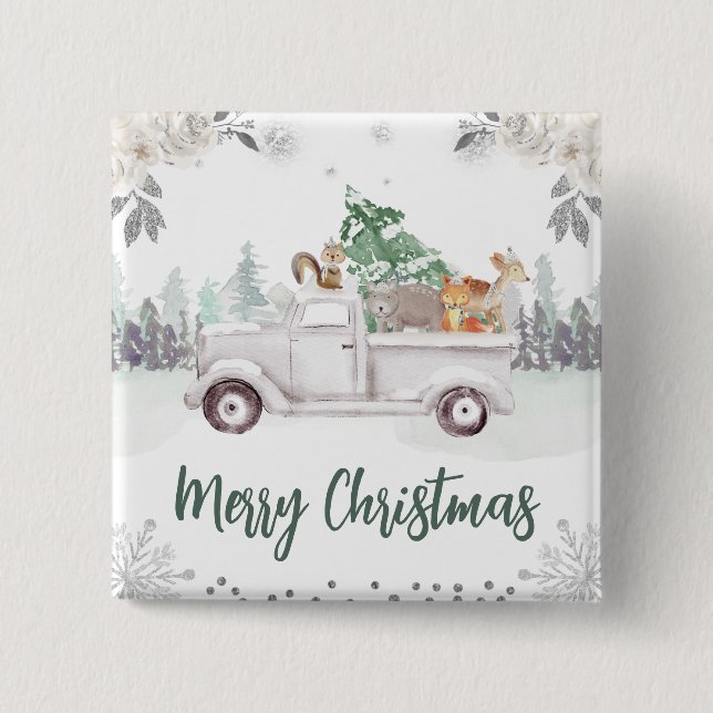 Watercolor Woodland Animals Floral Christmas Button (Front)