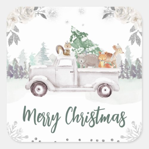 Watercolor Woodland Animals Floral Christmas Square Sticker