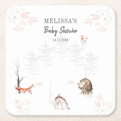 Watercolor Woodland Animals Forest Baby Shower Square Paper Coaster