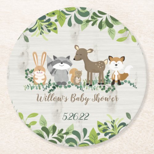 Watercolor Woodland Animals Forest Greenery Round Paper Coaster