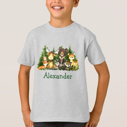 Watercolor Woodland Animals Forest Kids Gray T_Shirt