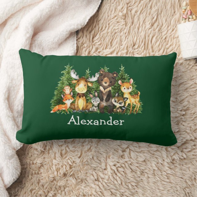Watercolor Woodland Animals Forest Trees Green Lumbar Pillow (Blanket)