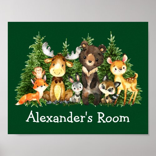 Watercolor Woodland Animals Forest Trees Green Poster