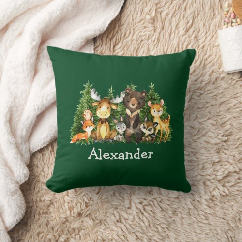 Watercolor Woodland Animals Forest Trees Green Throw Pillow