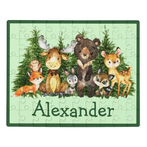 Watercolor Woodland Animals Forest Trees Jigsaw Puzzle
