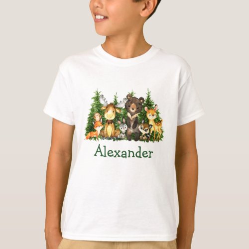 Watercolor Woodland Animals Forest Trees Kids T_Shirt