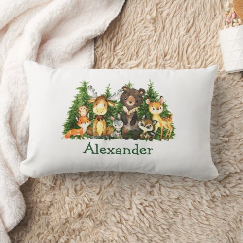 Watercolor Woodland Animals Forest Trees Lumbar Pillow