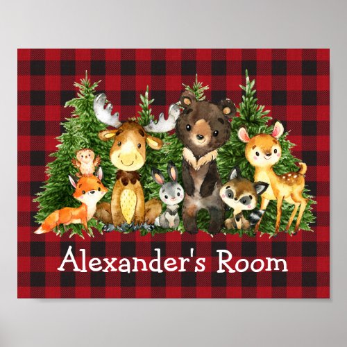 Watercolor Woodland Animals Forest Trees Plaid Poster