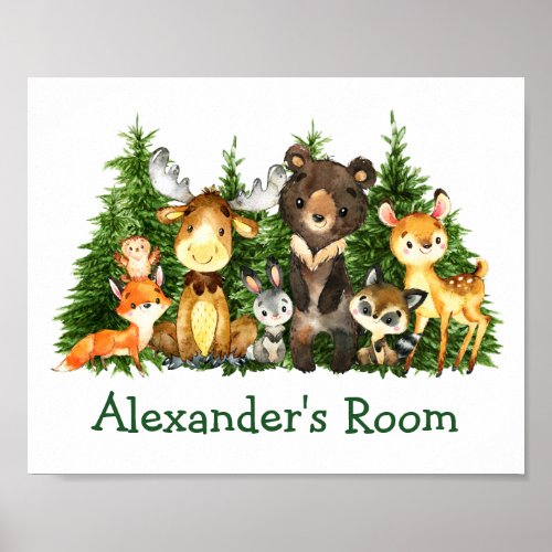 Watercolor Woodland Animals Forest Trees Poster