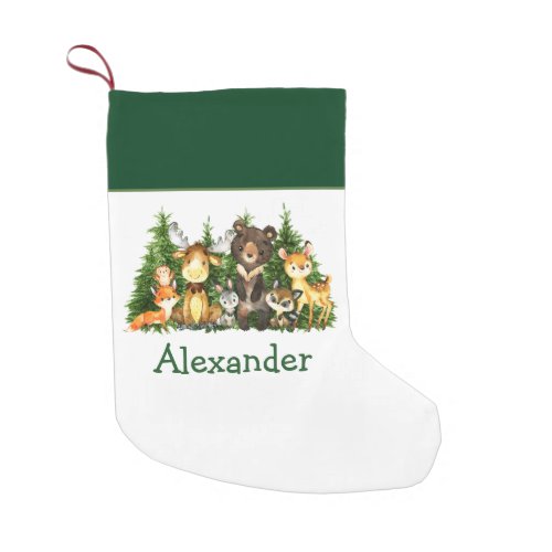 Watercolor Woodland Animals Forest Trees Small Christmas Stocking