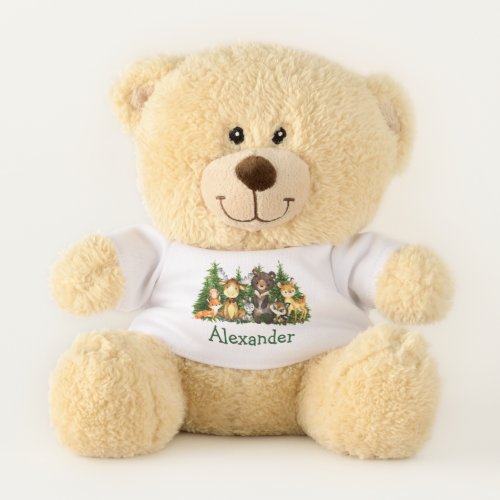 Watercolor Woodland Animals Forest Trees Teddy Bear