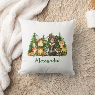 Watercolor Woodland Animals Forest Trees Throw Pillow