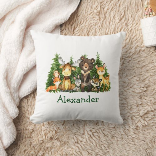 Watercolor Woodland Animals Forest Trees Throw Pillow