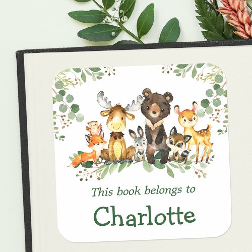 Watercolor Woodland Animals Green Bookplate Labels