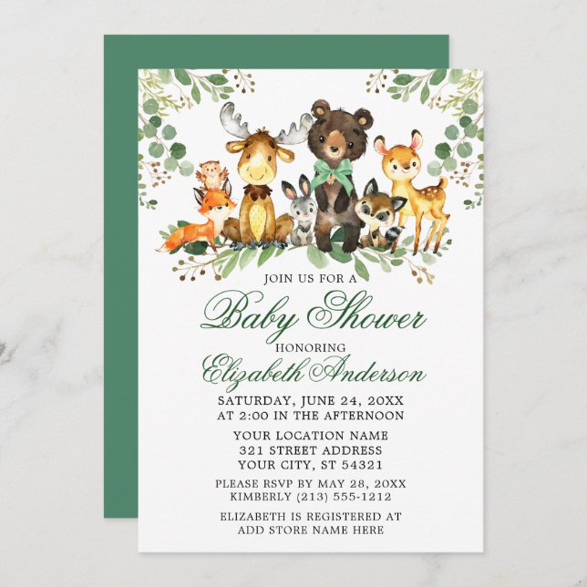 Watercolor Woodland Animals Green Bow Baby Shower Invitation (Front/Back)
