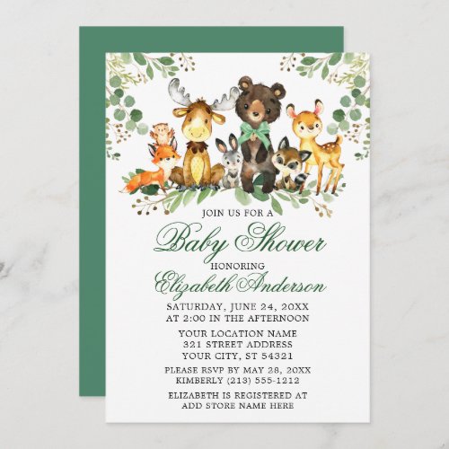 Watercolor Woodland Animals Green Bow Baby Shower Invitation