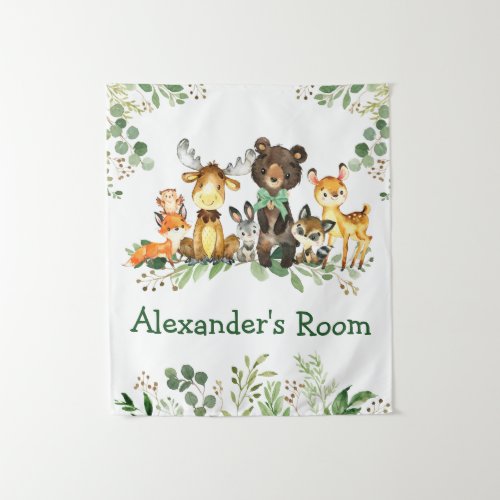 Watercolor Woodland Animals Green Bow Tapestry