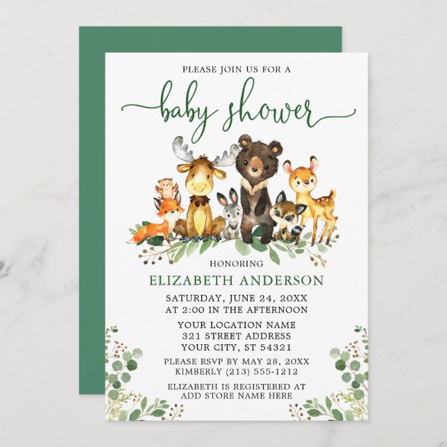 Watercolor Woodland Animals Green Script Shower Invitation (Front/Back)