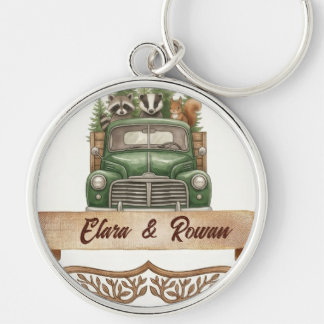 Watercolor Woodland Animals Green Truck Keychain