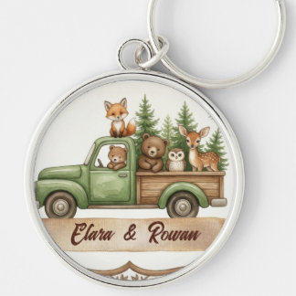 Watercolor Woodland Animals Green Truck Keychain
