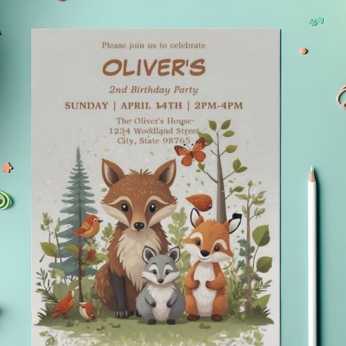 Watercolor Woodland Animals Greenery 2nd Birthday  Invitation