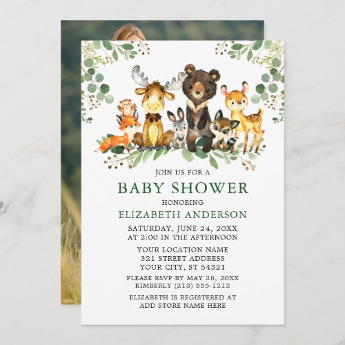 Watercolor Woodland Animals Greenery Shower Photo Invitation
