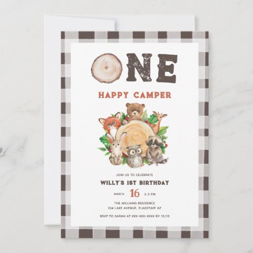 Watercolor Woodland Animals Happy Camper Birthday  Invitation