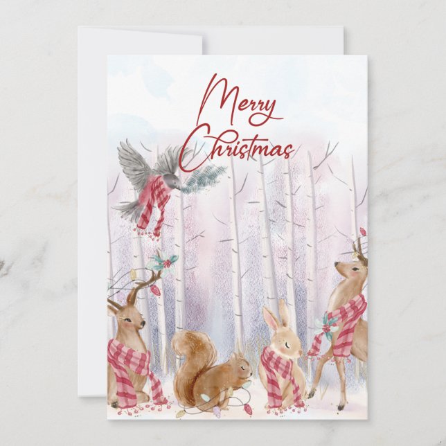 Watercolor Woodland Animals Merry Christmas Card (Front)