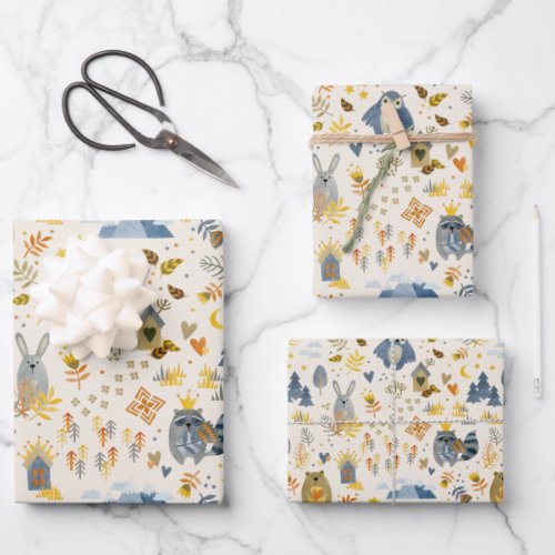 Watercolor Woodland Animals Pattern Wrapping Paper Sheets