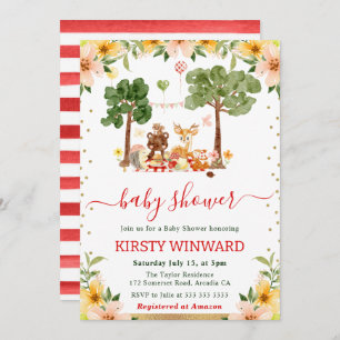 Watercolor Woodland Animals Picnic Baby Shower Invitation