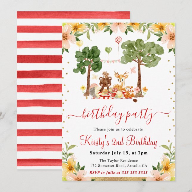 Watercolor Woodland Animals Picnic Birthday Invitation (Front/Back)