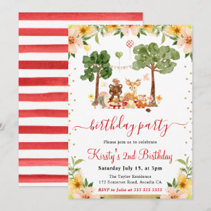 Watercolor Woodland Animals Picnic Birthday Invitation
